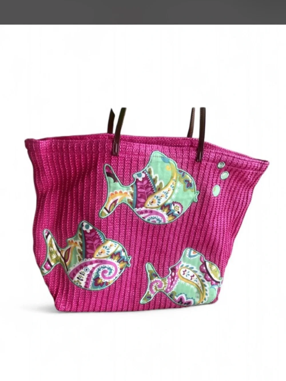 Vera Bradley Fuchsia Woven Tote with Paisley Fish Appliqués